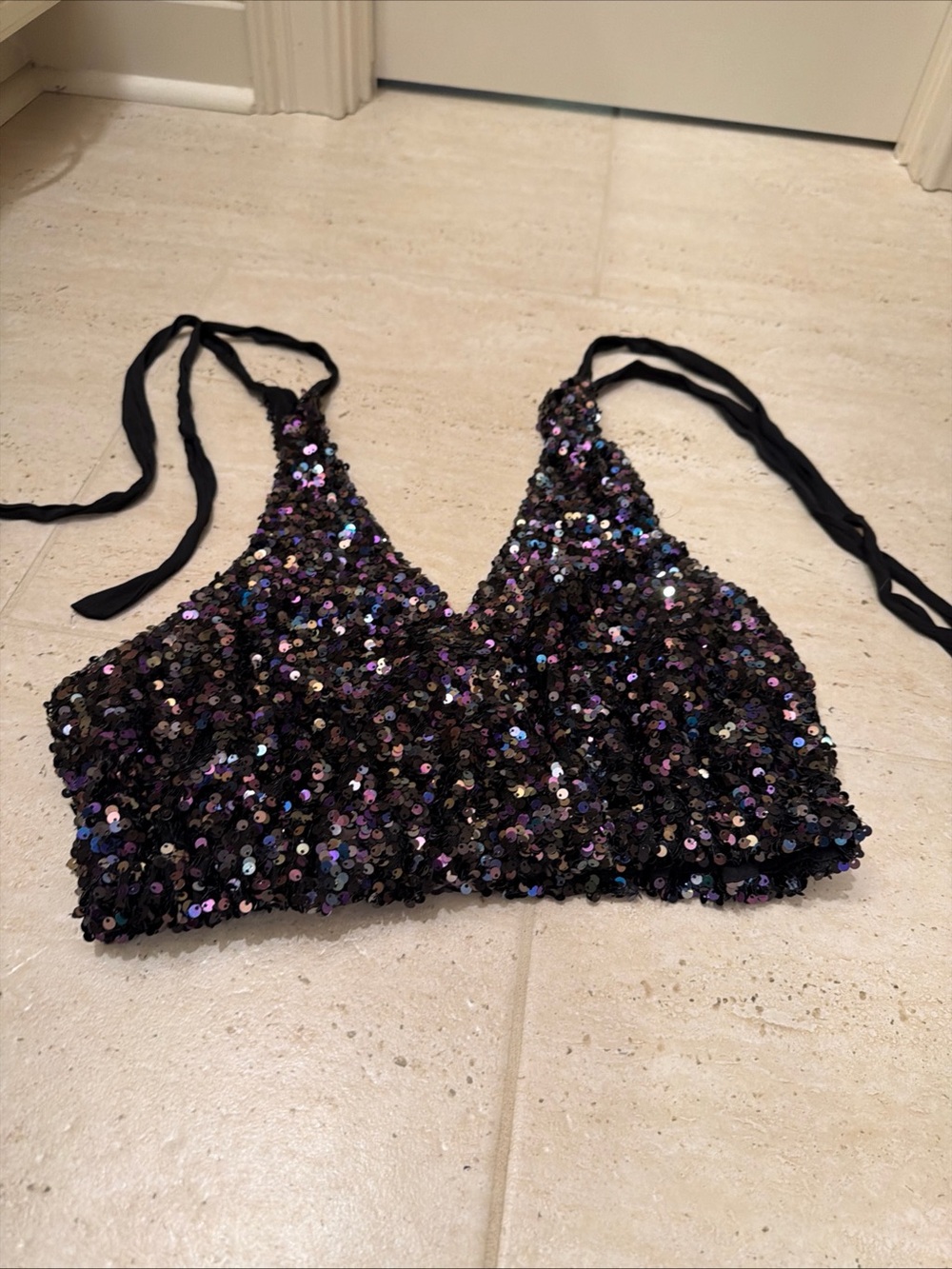 Free People night out Sequin tie Crop Top purple black Iridescent Sequins Small